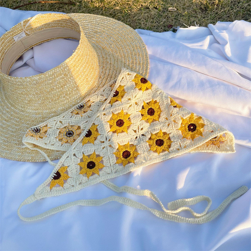 Moda coreeană Daisy Hand Croșetat Triunghi Triunghi Esarfă Fată Vară Bandana Turban Bentițe pentru femei Accesorii pentru păr Y2K
