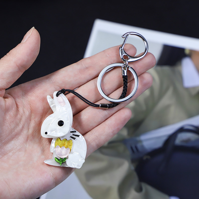 Breloc arcylic lucrat manual Iepure animal drăguț Breloc cheie din oțel inoxidabil pentru femei, fete, cadouri, accesorii de bijuterii