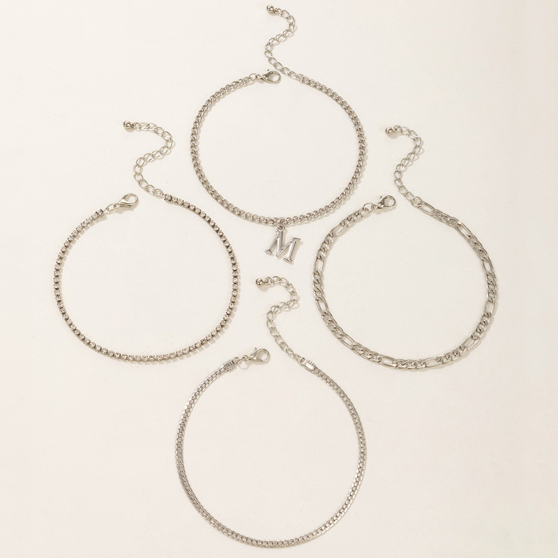 Tocona 4 buc/seturi Nou la modă, culoare argintie, litera M, lanț pentru picioare pentru femei, brelocuri, sandale desculțe din aliaj, gleznă reglabilă