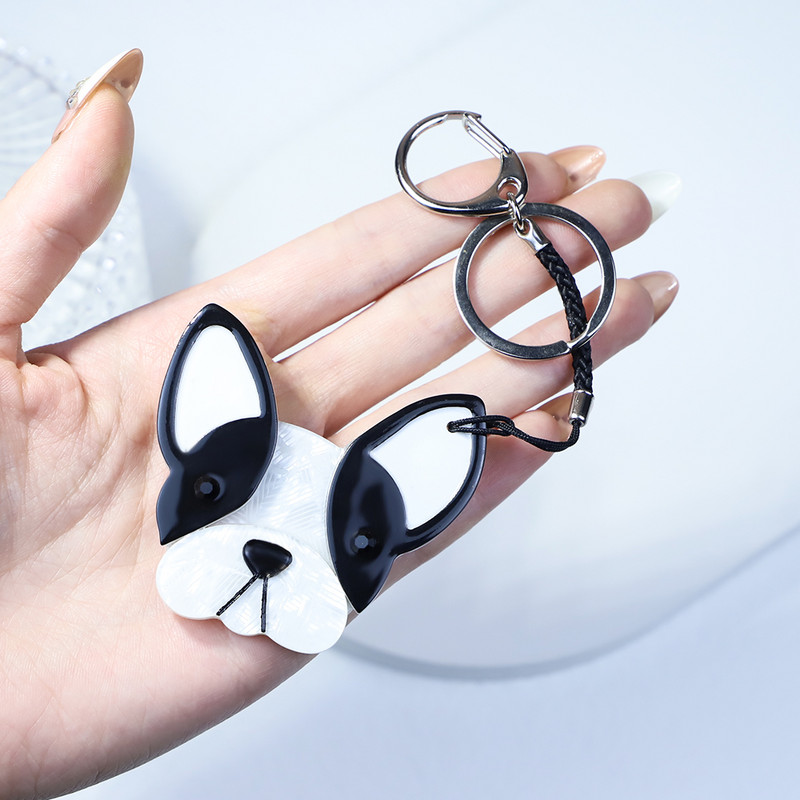 Breloc pentru câine cu farmec arcylic de modă, drăguț cu pandantiv cu animale, suport pentru chei din oțel inoxidabil, cadou pentru bărbați, femei, accesorii