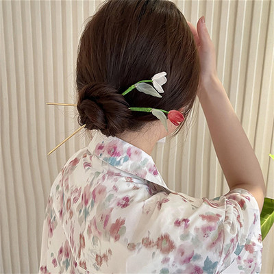 Antichitate Retro Lalele Smalt Agraf Accesorii de păr Hanfu pentru femei Clip de păr Fată Acrilic Floral Autocolante de păr Bijuterii