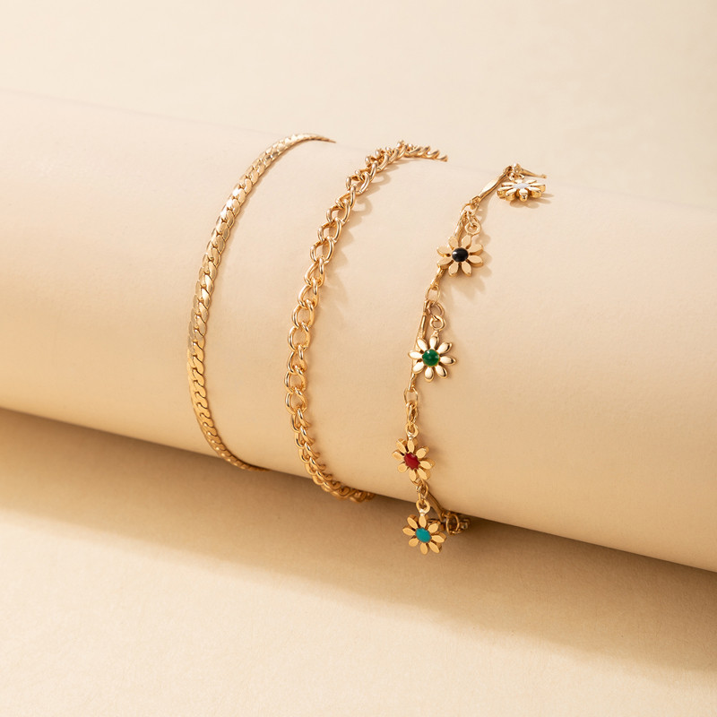 Tocona 3 τεμ./σετ Πολύχρωμα λουλούδια Φούντα περιδέραια για γυναίκες Χρυσό χρώμα κράμα Μεταλλικά πέδιλα ξυπόλυτα ρυθμιζόμενη αλυσίδα ποδιών 17142