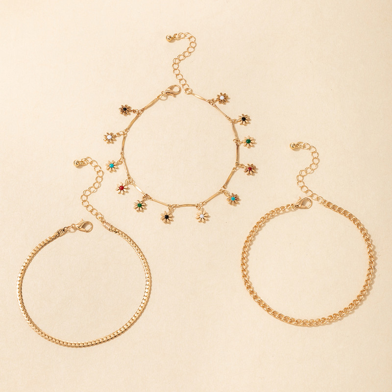 Tocona 3 τεμ./σετ Πολύχρωμα λουλούδια Φούντα περιδέραια για γυναίκες Χρυσό χρώμα κράμα Μεταλλικά πέδιλα ξυπόλυτα ρυθμιζόμενη αλυσίδα ποδιών 17142