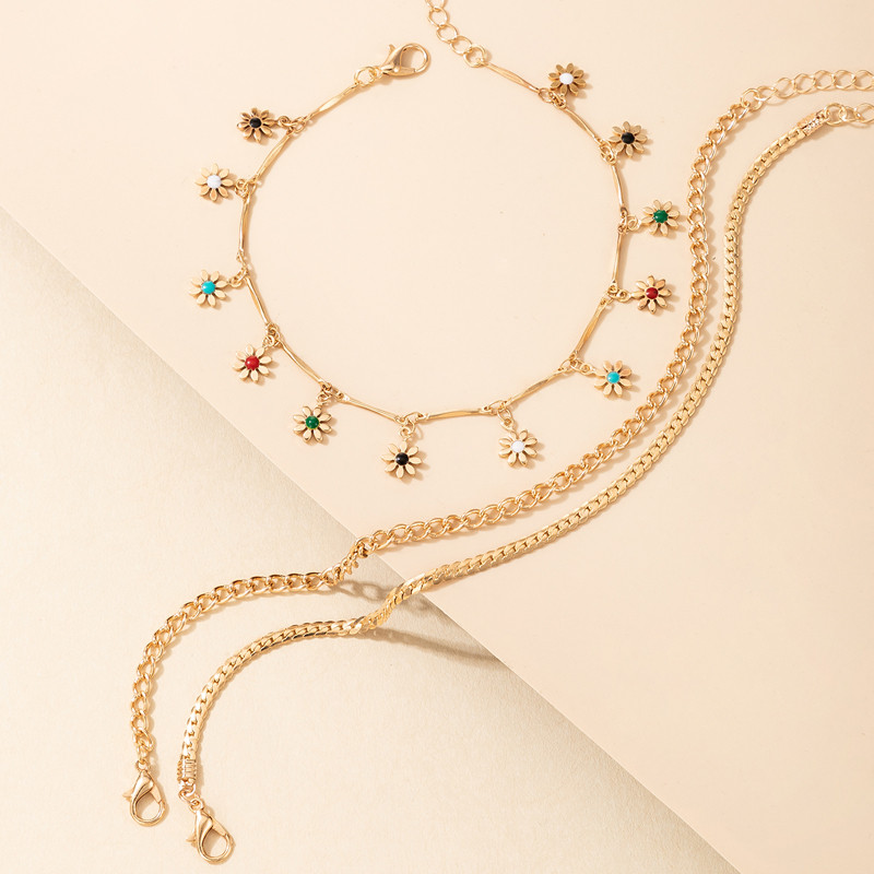 Tocona 3 τεμ./σετ Πολύχρωμα λουλούδια Φούντα περιδέραια για γυναίκες Χρυσό χρώμα κράμα Μεταλλικά πέδιλα ξυπόλυτα ρυθμιζόμενη αλυσίδα ποδιών 17142