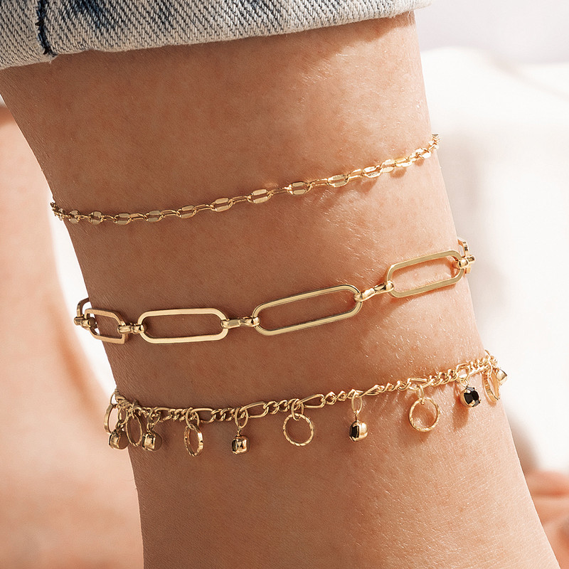 Tocona 3 buc/seturi de lux, negru, cu strasuri, de culoare aurie, pentru femei, brelocuri, bijuterii cu lanț pentru picioare, cu geometrie, cu ciucuri