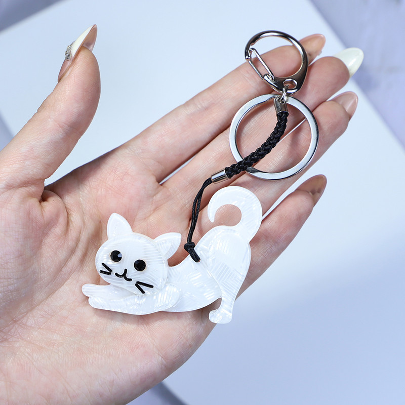 Breloc arcylic lucrat manual Animal drăguț pisică albă breloc cheie din oțel inoxidabil pentru femei, fete, cadouri, accesorii de bijuterii