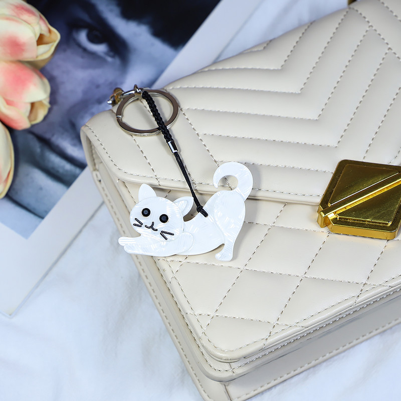 Breloc arcylic lucrat manual Animal drăguț pisică albă breloc cheie din oțel inoxidabil pentru femei, fete, cadouri, accesorii de bijuterii