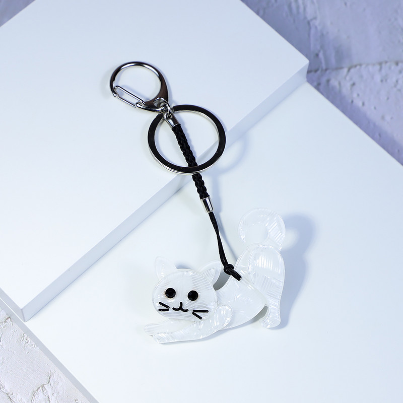 Breloc arcylic lucrat manual Animal drăguț pisică albă breloc cheie din oțel inoxidabil pentru femei, fete, cadouri, accesorii de bijuterii