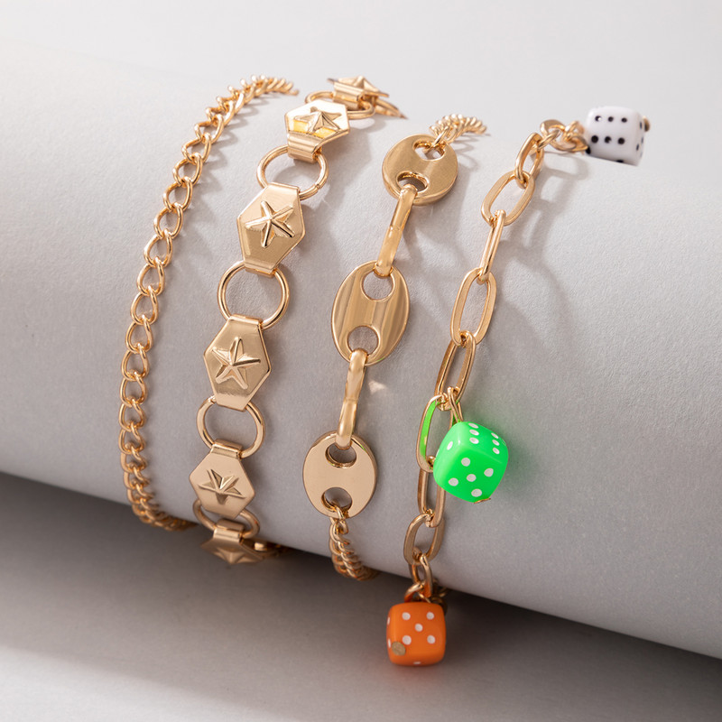 Tocona 4 τμχ/σετ Πολύχρωμο ακρυλικό ζάρι χρυσό ποδαράκι για γυναίκες Βαριές μεταλλικές φούντες Αλυσίδα ποδιών από κράμα μεταλλικό ρυθμιζόμενο κόσμημα 20290