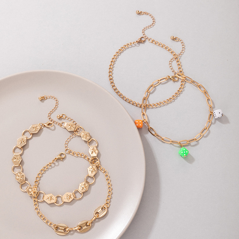 Tocona 4 τμχ/σετ Πολύχρωμο ακρυλικό ζάρι χρυσό ποδαράκι για γυναίκες Βαριές μεταλλικές φούντες Αλυσίδα ποδιών από κράμα μεταλλικό ρυθμιζόμενο κόσμημα 20290