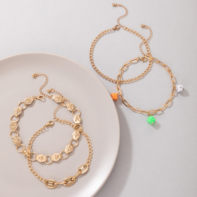 Tocona 4 τμχ/σετ Πολύχρωμο ακρυλικό ζάρι χρυσό ποδαράκι για γυναίκες Βαριές μεταλλικές φούντες Αλυσίδα ποδιών από κράμα μεταλλικό ρυθμιζόμενο κόσμημα 20290