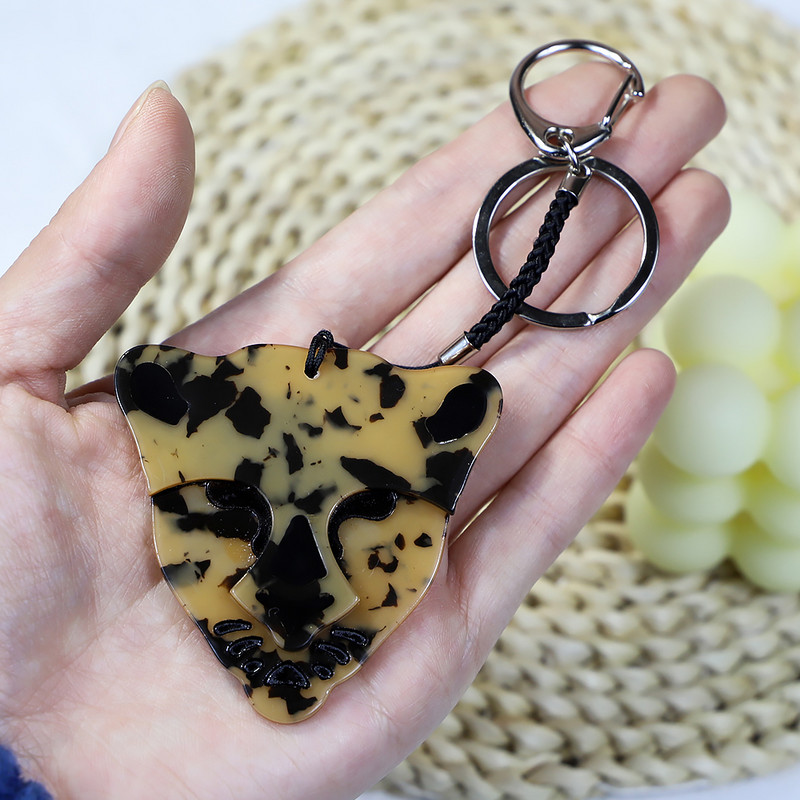 Breloc arcylic lucrat manual Animal leopard Breloc cheie din oțel inoxidabil pentru femei, fete, cadouri, accesorii de bijuterii