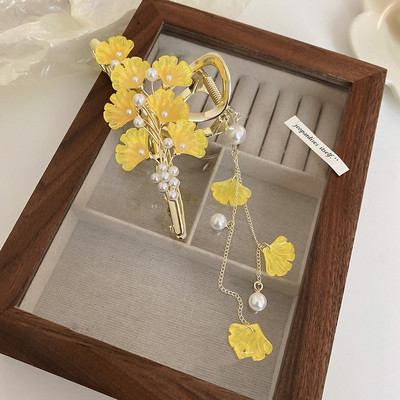 Ginkgo frunze de modă gheare de păr metal retro clemă coadă de cal femei banchet perla ciucuri crab clemă accesorii bijuterii pentru fete