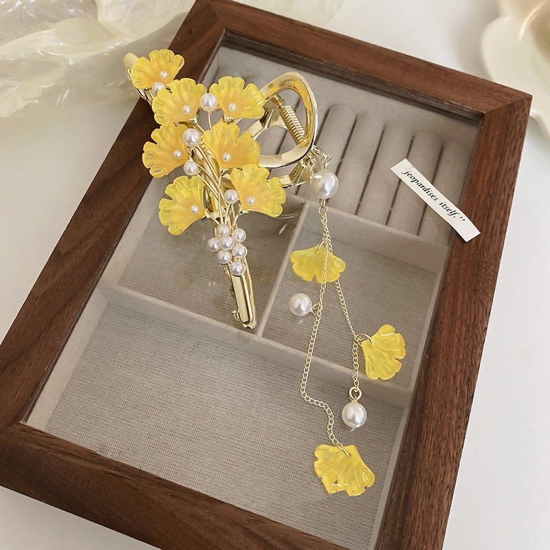 Ginkgo frunze de modă gheare de păr metal retro clemă coadă de cal femei banchet perla ciucuri crab clemă accesorii bijuterii pentru fete