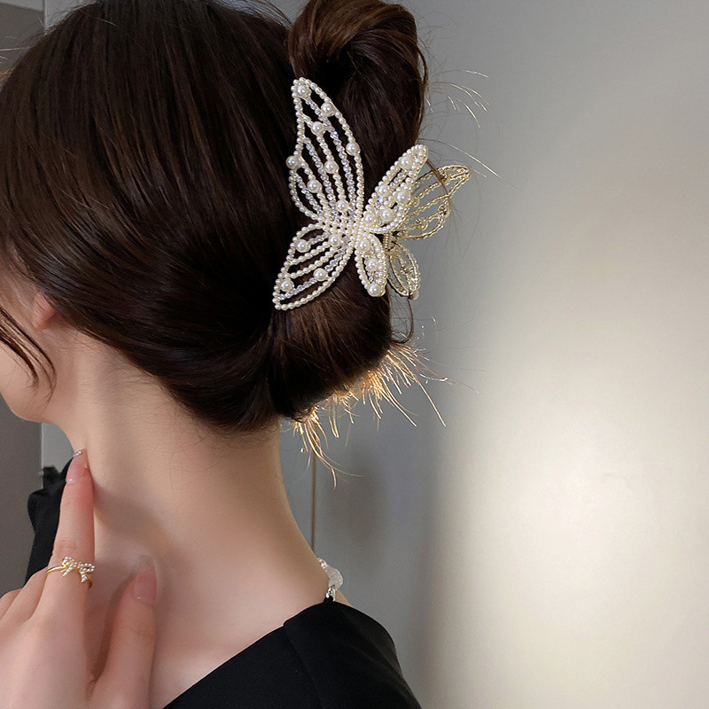 Franțuzesc retro strass perla fluture clemă de păr hollow cap clemă de prindere bijuterii de păr de lux gheare de păr accesorii de păr pentru femei