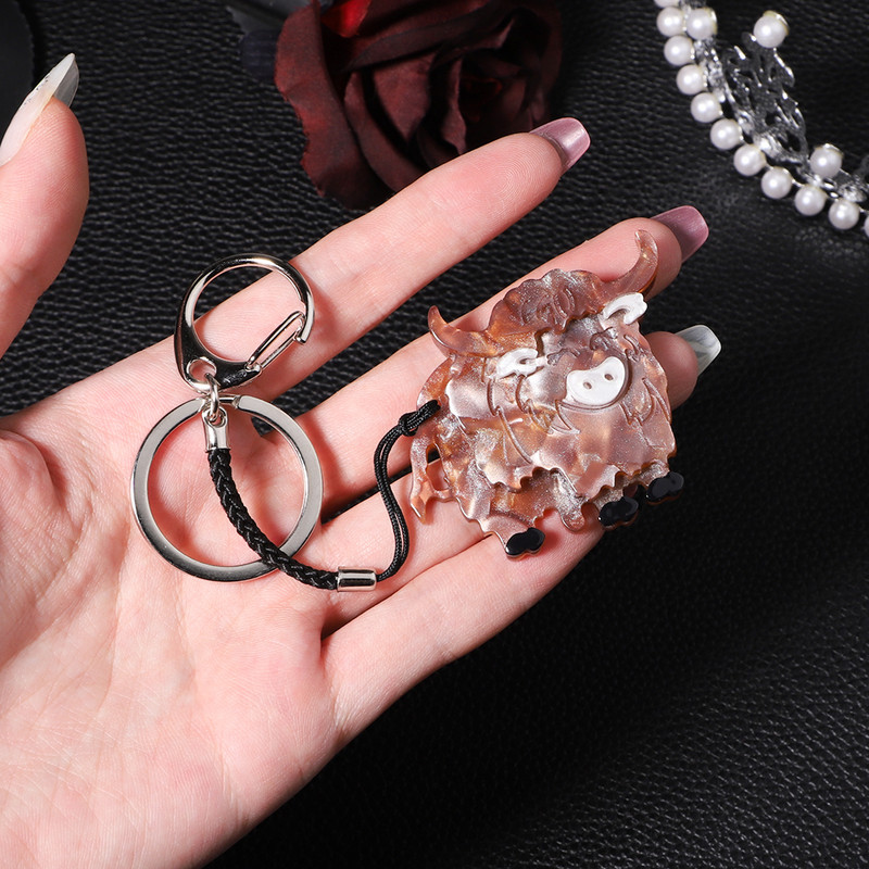 Drăguț acrilic iac vite lanț cheie din oțel inoxidabil accesorii de bijuterii pentru corsaj de animale realizat manual pentru femei, cadouri pentru fete, bijuterii