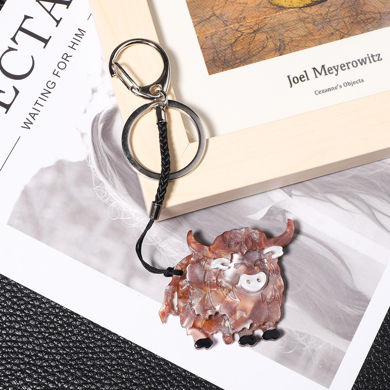 Drăguț acrilic iac vite lanț cheie din oțel inoxidabil accesorii de bijuterii pentru corsaj de animale realizat manual pentru femei, cadouri pentru fete, bijuterii