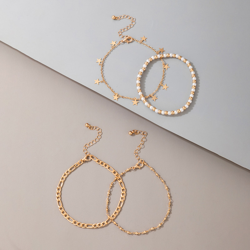 Tocona Бохо глезени с мъниста за жени Талисмани Звезда Златен цвят Метална сплав Верига за крака Летни аксесоари за бижута 4 бр./компл. 15679