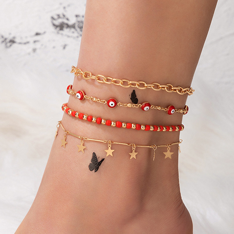 Tocona margele roșii elegante ciucuri cu stea 4 buc/set gleznă pentru femei picătură etnică ulei geometrie lanț din aliaj bijuterii accesorii 22981