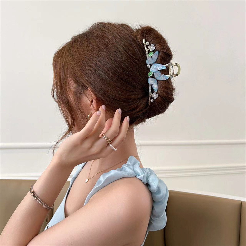 Vară Nouă clemă mare cu fluture din metal, gheare de păr dulce și elegantă pentru femei, fete, elegantă, cu flori lucrate manual, cu coadă de cal, cadou tiara