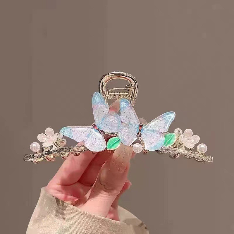 Vară Nouă clemă mare cu fluture din metal, gheare de păr dulce și elegantă pentru femei, fete, elegantă, cu flori lucrate manual, cu coadă de cal, cadou tiara