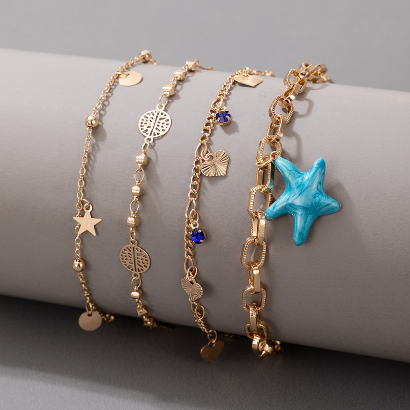 Tocona 4 buc/seturi Nou la modă stele de mare ciucuri gleznele pentru femei Charms Star Heart Hollow Geoemtric Foot Lanț Bijuterii Boho 17159