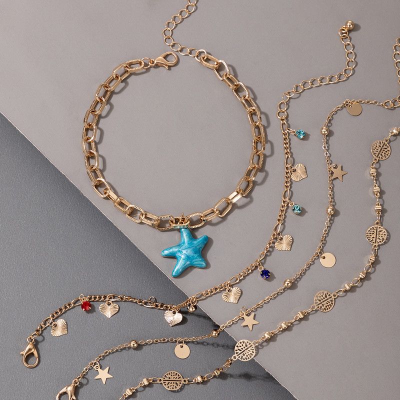 Tocona 4 buc/seturi Nou la modă stele de mare ciucuri gleznele pentru femei Charms Star Heart Hollow Geoemtric Foot Lanț Bijuterii Boho 17159