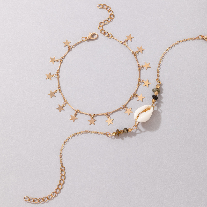 Tocona Boho Gri închis Steaua de piatră Shell ciucuri Lanț pentru picioare pentru femei din aliaj Sandale reglabile glezne Bijuterii 2 buc/set Comert cu ridicata