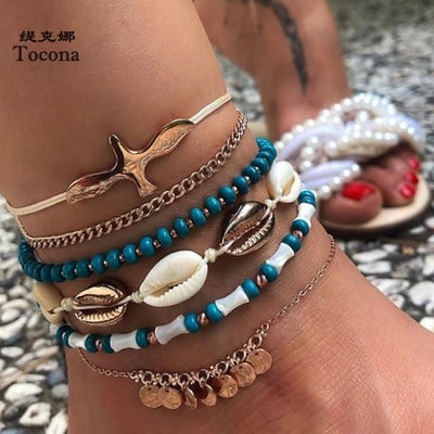 Tocona 6 бр./компл. глезени от черупки от мъниста за жени Boho Pigeon Gold Color Wafer Tassel Foot Chain Rope Summer Jewelry Wholesle 8840