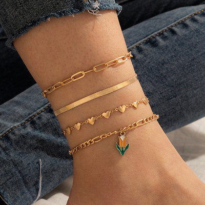 Tocona 4 бр./компл. Бохемски сърце Царевични глезени Charms Hollow Geometry Adjustabe Foot Chain Бохемски бижута за жени 16334