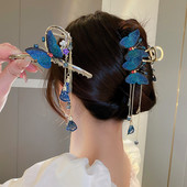 Agrafă de păr fluture broderie de înaltă calitate 2022, ciucuri în stil chinezesc, fluture albastru, clemă de păr retro, gheare de rechin, accesoriu de păr pentru femei