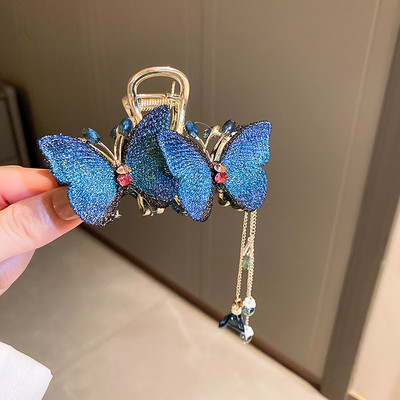 Agrafă de păr fluture broderie de înaltă calitate 2022, ciucuri în stil chinezesc, fluture albastru, clemă de păr retro, gheare de rechin, accesoriu de păr pentru femei