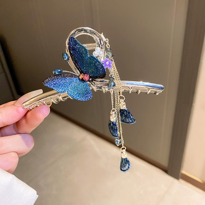 Agrafă de păr fluture broderie de înaltă calitate 2022, ciucuri în stil chinezesc, fluture albastru, clemă de păr retro, gheare de rechin, accesoriu de păr pentru femei