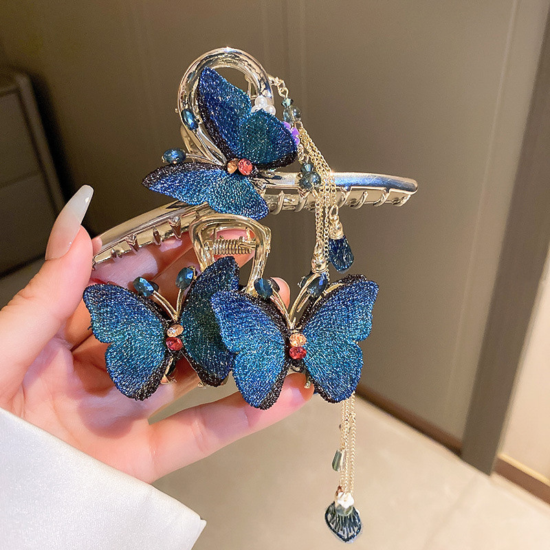 Agrafă de păr fluture broderie de înaltă calitate 2022, ciucuri în stil chinezesc, fluture albastru, clemă de păr retro, gheare de rechin, accesoriu de păr pentru femei