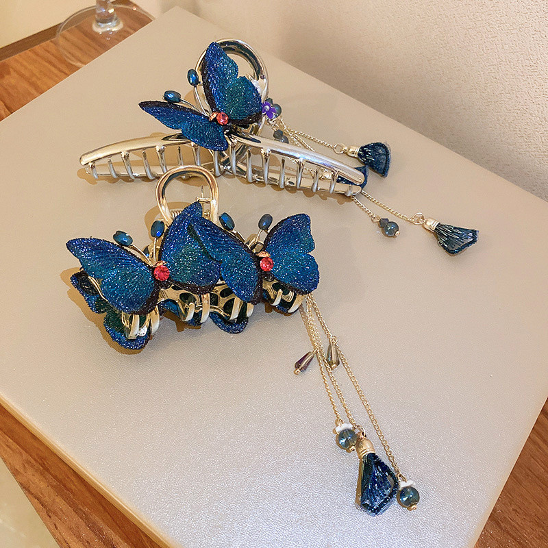 Agrafă de păr fluture broderie de înaltă calitate 2022, ciucuri în stil chinezesc, fluture albastru, clemă de păr retro, gheare de rechin, accesoriu de păr pentru femei