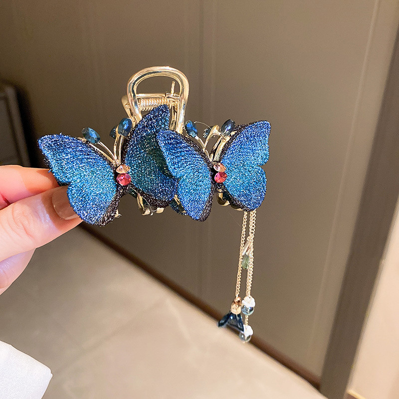 Agrafă de păr fluture broderie de înaltă calitate 2022, ciucuri în stil chinezesc, fluture albastru, clemă de păr retro, gheare de rechin, accesoriu de păr pentru femei