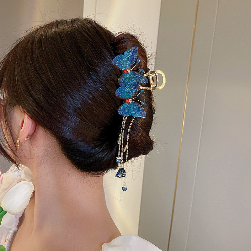 Agrafă de păr fluture broderie de înaltă calitate 2022, ciucuri în stil chinezesc, fluture albastru, clemă de păr retro, gheare de rechin, accesoriu de păr pentru femei