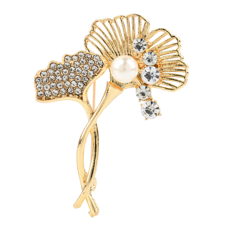 Zircon Pearl Golden Ginkgo Biloba Corsage Pin Brosa pentru femei Palarie Esarfa Rucsac Accesorii