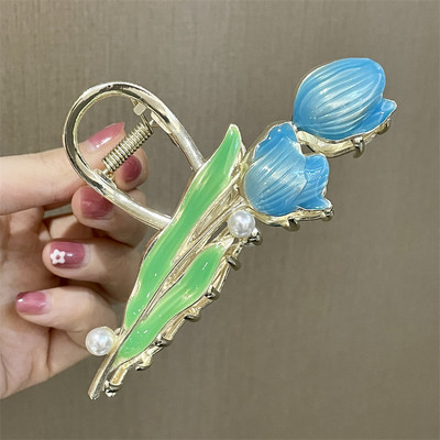 Agrafe de prindere cu flori de lalele din metal vopsit colorat de modă coreeană pentru femei 2022 de vară pentru fete drăguțe pentru agrafe de păr cu gheare
