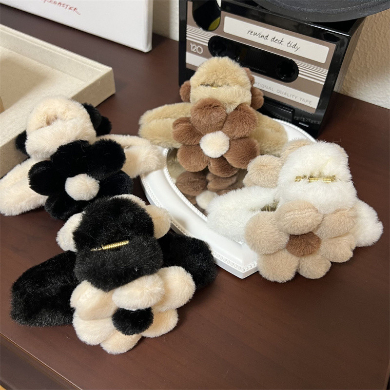 Clip de crab cu flori de pluș mare, retro, toamnă și iarnă, clipă de crab cu flori de pluș, drăguț, dulce, ac de păr