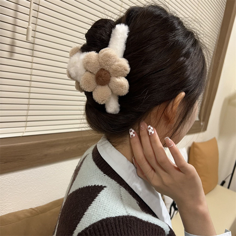 Clip de crab cu flori de pluș mare, retro, toamnă și iarnă, clipă de crab cu flori de pluș, drăguț, dulce, ac de păr