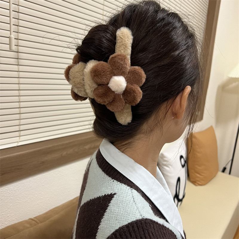 Clip de crab cu flori de pluș mare, retro, toamnă și iarnă, clipă de crab cu flori de pluș, drăguț, dulce, ac de păr