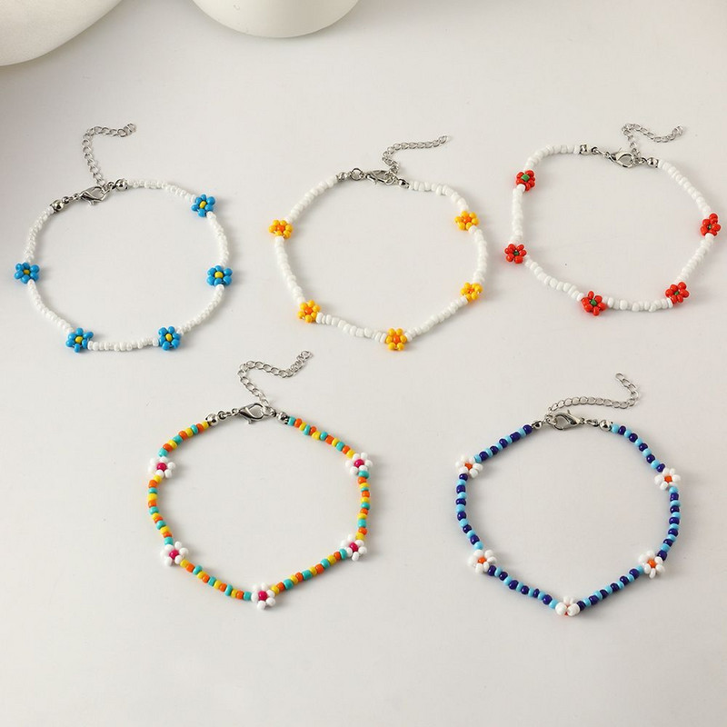 Brățară de gleznă cu mărgele de flori boeme pentru femei, mărgele de margarete colorate, bijuterii pentru picioare, lucrate manual, cadouri