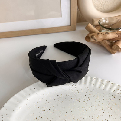 Bentita de păr neagră elegantă Fată Sweet Pearl Twist Bentita de păr tricotată din burete Bentita cu boruri largi Bentita din PU cu fundă pentru femei