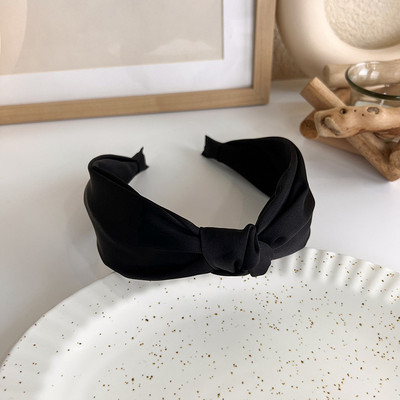 Bentita de păr neagră elegantă Fată Sweet Pearl Twist Bentita de păr tricotată din burete Bentita cu boruri largi Bentita din PU cu fundă pentru femei