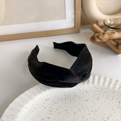 Bentita de păr neagră elegantă Fată Sweet Pearl Twist Bentita de păr tricotată din burete Bentita cu boruri largi Bentita din PU cu fundă pentru femei