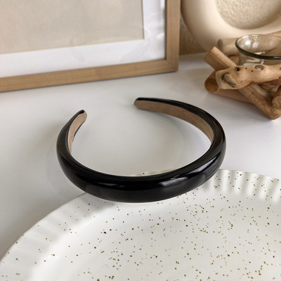 Bentita de păr neagră elegantă Fată Sweet Pearl Twist Bentita de păr tricotată din burete Bentita cu boruri largi Bentita din PU cu fundă pentru femei