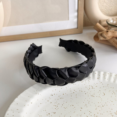 Bentita de păr neagră elegantă Fată Sweet Pearl Twist Bentita de păr tricotată din burete Bentita cu boruri largi Bentita din PU cu fundă pentru femei