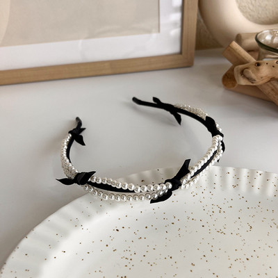 Bentita de păr neagră elegantă Fată Sweet Pearl Twist Bentita de păr tricotată din burete Bentita cu boruri largi Bentita din PU cu fundă pentru femei