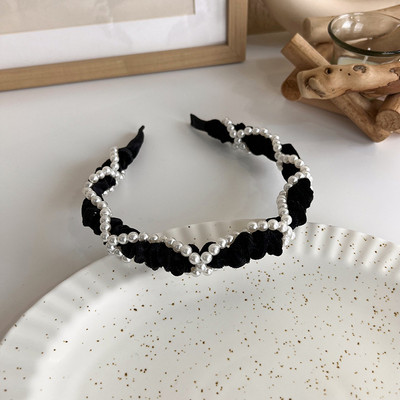 Bentita de păr neagră elegantă Fată Sweet Pearl Twist Bentita de păr tricotată din burete Bentita cu boruri largi Bentita din PU cu fundă pentru femei